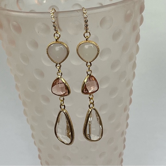 Pink Clear White Glass Rhinestone Hooks Dangle Earrings Wedding Bridesmaids Prom - Picture 1 of 2